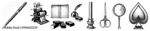 Antique fountain pen, printing press, inkwell, quill, engraved blocks, candlestick, scissors, magnifier, spade card detailed art, historical office/study.