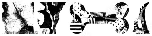 Dog body rendered in bold halftone and striped vector art, anatomy, pet illustration, graphic design, black and white stylization.