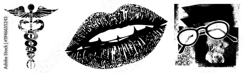 Medical symbol with snakes, stylized lips with textured, glasses with halftone grain, vector, graphic design elements.