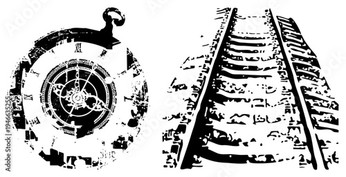 Distressed pocket watch with Roman numerals and ornate gears alongside weathered railway tracks, stylized vector illustration,, mechanical theme, isolated foreground elements.
