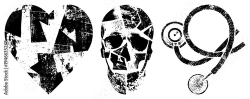 Fragmented heart symbol, skull, stethoscope graphic, distressed black and white vector art, medical and emotional themes, halftone texture, bold, symbolic.