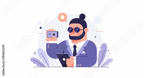A stylized man in a suit taking a photo with his phone and holding a tablet