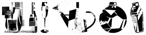 Modern halftone vector of drinkware wine bottle, champagne flute, watering can, cocktail shaker, and bottle stylized with fragmented shapes and high contrast textures for graphic design.