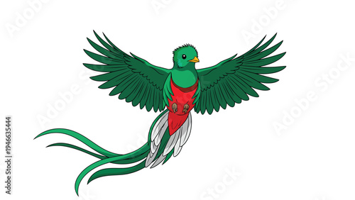 Colorful Quetzal Bird in Flight Illustration. Vibrant tropical bird with long tail feathers flying, isolated on white background.