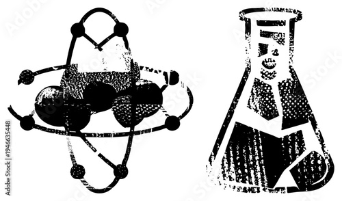 Black and white vector illustration of atom model and conical flask, scientific, chemistry education, lab equipment, molecular diagram.