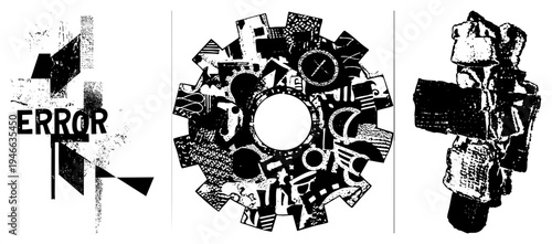 Graphic design error, fragmented shapes, glitch art, digital fault motif, vector, stylized warning symbol, tech disruption visual.