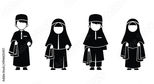 Four stylized figures in traditional islamic clothing black and white