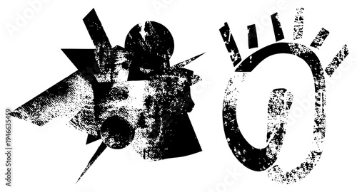 Distressed black and white graphic, stylized human face with geometric, sunburst symbol with cracked texture, vector art for design projects.