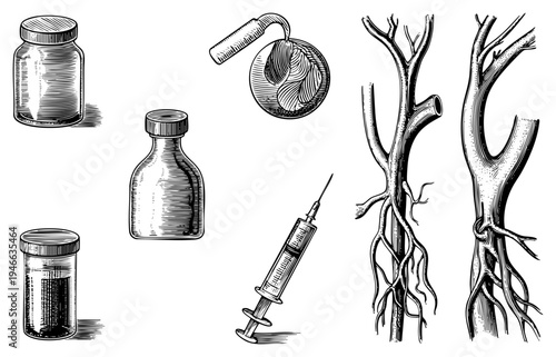 Classic engraved medical vials, syringe, leaf specimen, and vascular anatomy diagrams in detailed halftone engraving style.