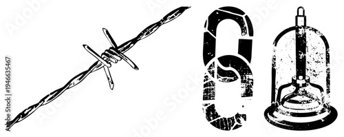Rustic barbed wire fence, fractured chain, glass bell jar with rod, vector symbols of restriction, confinement, or containment, black and white illustration.