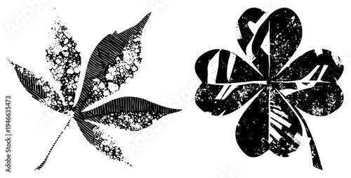 Distressed black maple leaf and four leaf clover vector, graphic design elements with halftone and speckled textures, isolated motifs for branding or decorative use.