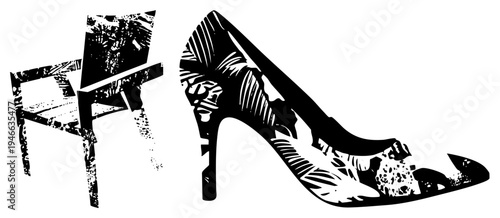 Fashion illustration of stiletto heel shoe and wooden chair, stylized with halftone textures, graphic art, fashion accessory, silhouette design.