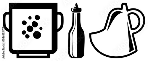 Black vector of grater with dots, sauce bottle, and pouring pitcher minimalist kitchen tools, culinary symbols, flat design kitchenware.