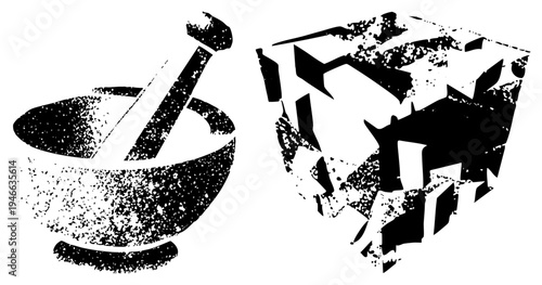 Traditional mortar and pestle grinding tool, halftone texture, broken cube symbol, graphic design elements, vector, black and white.