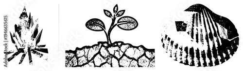 Abstract nature symbols including crystal formation, young plant emerging from cracked earth, and detailed silhouette, rendered in halftone style for graphic design.