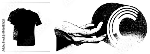 Graphic design featuring hand holding abstract C shaped symbol, paired with t shirt, halftone texture, vector art, isolated elements.