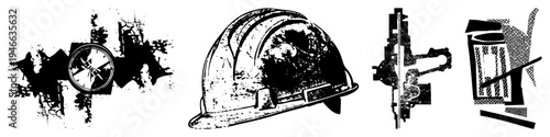 Grungy vector including compass, hard hat, valve, and canister with halftone textures, industrial design, safety gear, tool symbols, style.