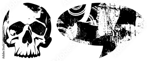 Distressed black and white skull graphic with gritty texture, paired with weathered speech bubble, both in halftone style, ideal for edgy design projects.