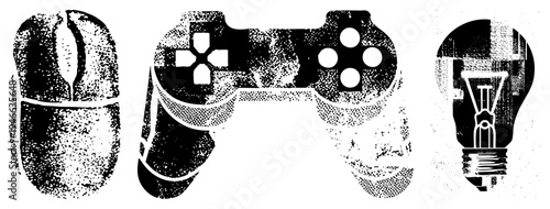 Retro computer mouse, game controller, and lightbulb rendered in halftone style, tech symbols, digital era, vector art.