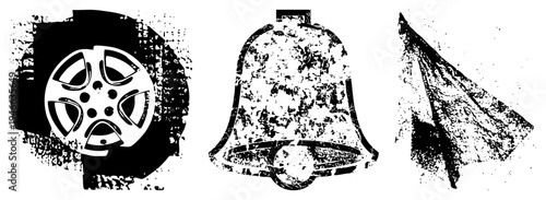 Grunge styled vector film reel, classic bell, tattered flag, textured, retro aesthetic, graphic symbols for, alerts, heritage.