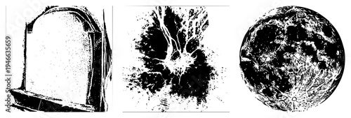 Stylized halftone textures rendered in, abstract graphic shapes, vector print art, digital illustration, dot matrix, noise effects, artistic composition.