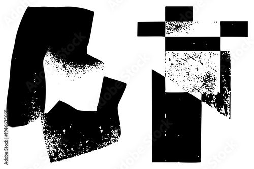 Two stylized black shapes with speckled halftone gradients, graphic design elements, vector art, minimalist composition, bold silhouettes, textured abstraction.