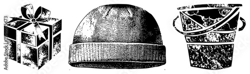 Classic holiday gift box tied with ribbon, knitted beanie hat, rustic wooden bucket, all in halftone woodcut style, isolated vector for design use.