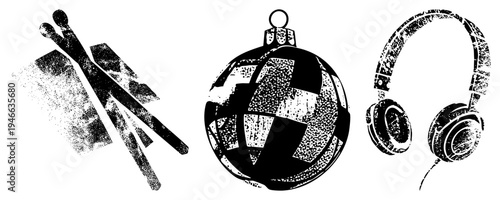 Black and white halftone vector of drumsticks, disco ball, and over ear headphones. Music equipment symbols, retro graphic design, stylized tools, isolated vector art.