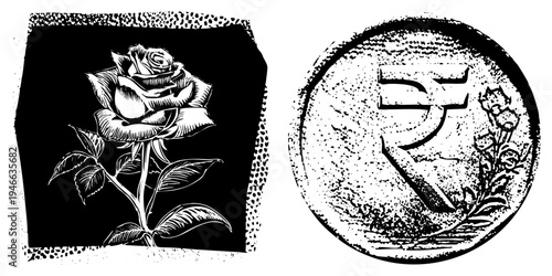 Classic halftone engraved rose with leaves, vintage rupee coin design, vector art, graphic design elements, retro engraving style.