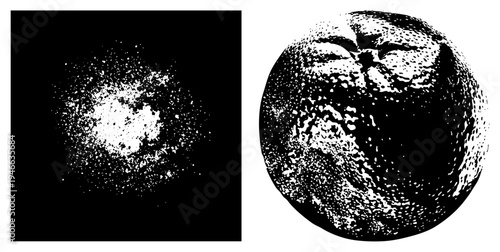 Black and white halftone sphere with textured surface, cosmic dust cloud with scattered dots, vector art, graphic design element, abstract sphere, digital illustration, dot matrix.