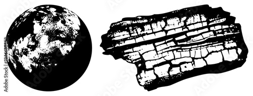 Planet Earth globe with continents, geological rock strata cutaway, educational science illustration, earth science diagram, geology study.