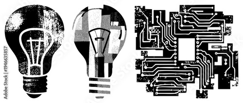 Stylized lightbulb and circuit board in halftone and glitch art style, vector graphic with distressed texture, tech design, innovation symbols, isolated foreground elements.
