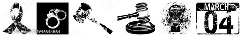 Distressed including awareness ribbon, police restraints, courtroom gavel, protective gas mask, and calendar date stamp. Vector symbols for legal, safety, or awareness themes.