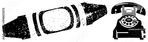 Retro rotary telephone with dial, stylized ship, bold black shapes, distressed texture, isolated vector graphic, nostalgic tech.