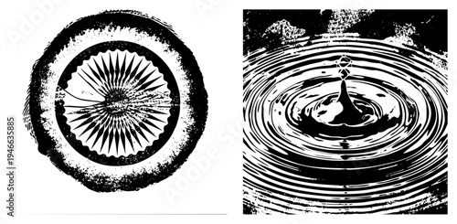 Black and white graphic featuring radial sunburst with distressed and water droplet creating concentric ripples, halftone texture, vector art, isolated elements.