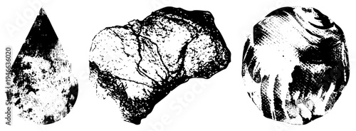 Rock, mineral, and crystal formations rendered in halftone style, geological samples, earth science education, scientific illustration, black and white vector art.