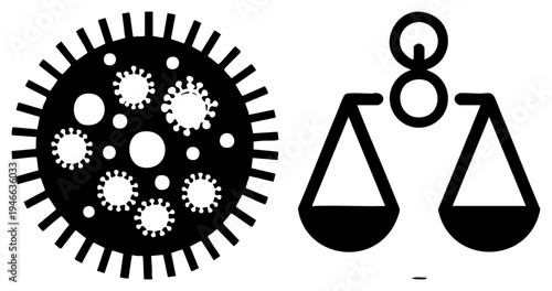 Black vector graphic of cogwheel with virus and balanced scales, representing scientific equilibrium, medical engineering, or biological systems in motion.