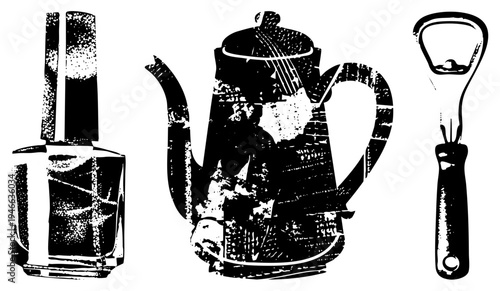 Retro halftone illustrations of bottle opener, teapot, and nail polish bottle, stylized graphic design, vector art, isolated objects.