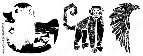 Graphic vector of duck, monkey, and bird rendered in high contrast black with distressed texture, isolated cutout style, perfect for branding or tattoo art.
