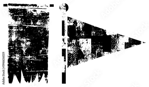 Worn pennant flag and hanging banner with gritty texture, retro design, vintage aesthetic, distressed print, black and white stencil art.