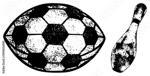 Classic soccer ball and bowling pin rendered in distressed black and white, sport equipment, retro graphic design, vintage sports, stylized vector art.