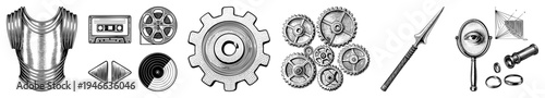 Retro tech symbols including cassette, film reel, gears, spyglass, and armor, vector flat style, isolated objects for design use.