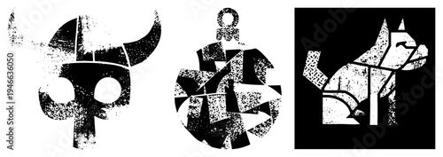 Black/white vector Viking helm, compass rose, cat silhouette halftone & geometric fragmented. Ideal for modern design/logos.