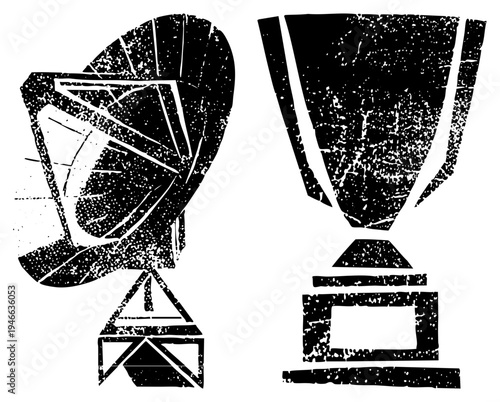 Retro radio and award trophy, stylized graphic symbols, distressed black and white vector art, achievement and broadcast themes.