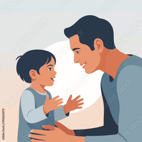 A father and his young child are depicted in a candid moment of bonding.