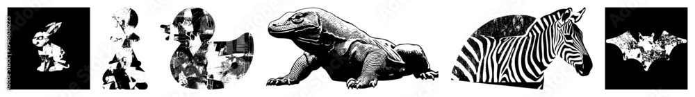 Fototapeta premium Rabbit, abstract figure, Komodo dragon, zebra, bat rendered as bold vector shapes, flat design, isolated foreground, high contrast, clean, modern illustration.