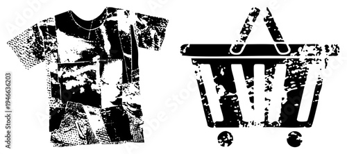 Black and white halftone t shirt graphic and shopping cart, distressed vintage aesthetic, digital vector art, e commerce symbols, apparel design elements.