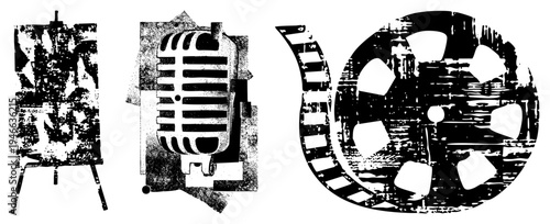 Retro microphone, painter’s easel, film reel all rendered in gritty halftone, artistic vector, creative symbols, studio tools, analog aesthetics.