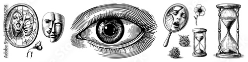 Detailed eye as central motif surrounded by reflective mirrors, theatrical masks, hourglass, and vines symbolic of perception, time, and duality in vector illustration.