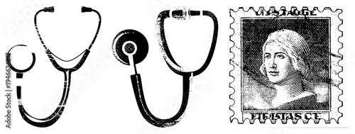 Medical stethoscope with earpieces and chest piece, historical postage stamp with portrait, halftone engraving style, isolated vector graphics.